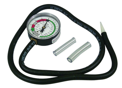 Lisle 20300 vacuum gauge and fuel pump tester with black hose and two metal adapters