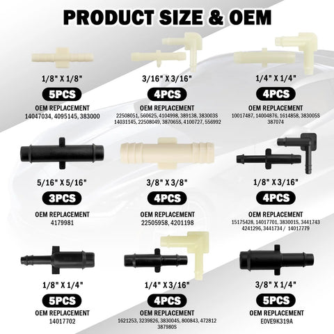 91-piece car vacuum hose connector kit with 32 types; beige/black plastic fittings for 1/8",3/16",1/4",5/16" and 3/8"