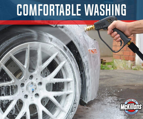 Pressure Washer Gun Replacement With M22 Inlet Extension Wand And One Quarter Inch Quick Connector Coupler Brass And Steel Construction For Durable Leakproof Power Washing used on a car.