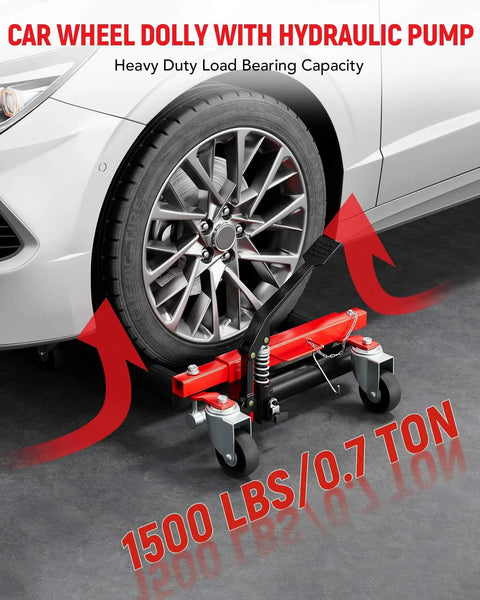Heavy Duty 4 Pack Hydraulic Car Wheel Dollies With Foot Pedal, 6,000 Lbs Total Capacity, near car tire, red and black