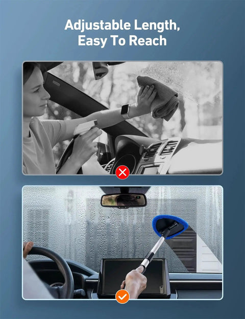 Person using Windshield Cleaning Tool With Extendable Handle And Microfiber Pad Set For Auto Glass And Car Interior Detailing