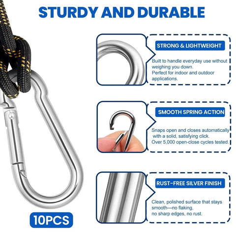 Small Carabiner Clip Set Of 10 1.57 Inch Heavy Duty Alloy Mini Carabiners showing lightweight, smooth action, and rust-free finish.