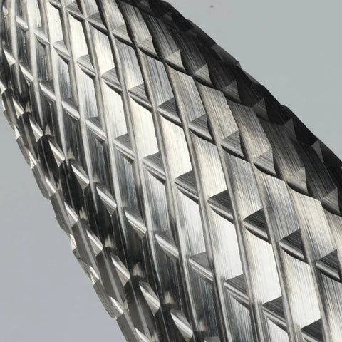 Close-up of a carbide burr from the Eight Piece Carbide Burr Set With One Quarter Inch Shank In A Clear Clamshell Box For Die Grinders