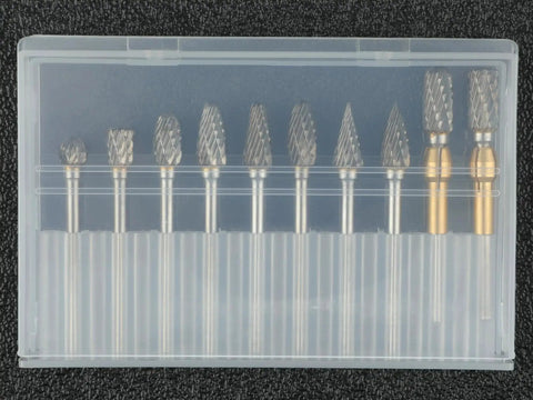 10 Pieces Carbide Burr Set With 1 Eighth Inch Shank And 2 Brass Collets For Dremel Rotary Tools in plastic case, metal carbide tips visible.