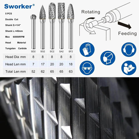 Five-piece Carbide Burr Set with 1/4 inch shank, 8mm head diameter for die grinder, with intricate burr detail and safety icons shown.