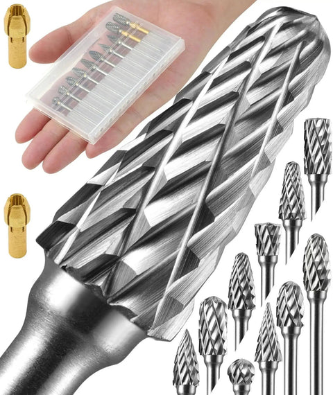 Close-up of 10 Pieces Carbide Burr Set With 1 Eighth Inch Shank And 2 Brass Collets For Dremel Rotary Tools Attachment Kit