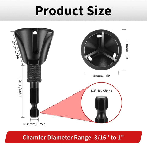 Carbide Bolt Chamfer Deburring Tool Set showing size, chamfer diameter range 3/16" to 1", and 1/4" hex shank.