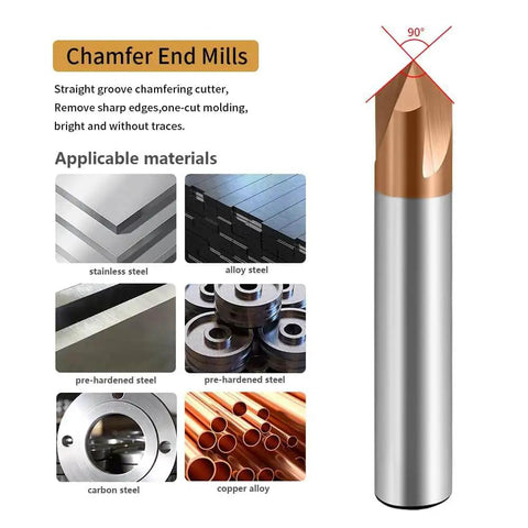 Carbide Chamfer End Mill 3 Flute TiSiN Coated CNC Carving Bit With V Groove 90 Degree Cut for Steel Aluminum Copper Alloys