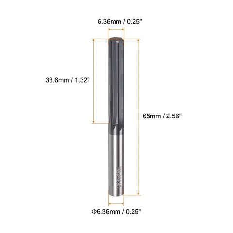 Carbide Chucking Reamer HARFINGTON Pro Grade 0.25 Inch Diameter Straight Flute Straight Shank CNC Machining Centers Reamer Tool Uncoated Solid Carbide Reamer For Steel Aluminum Iron With 6.36mm Dia 1.32 Inch Cutting Length And 2.56 Inch Overall Length, front view with measurements.