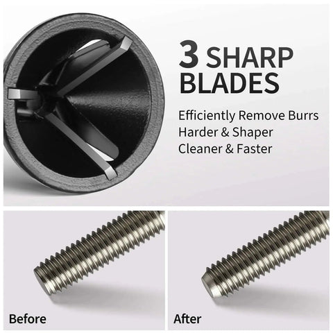 Carbide Bolt Chamfer Deburring Tool Set 2 Pack For PVC Pipe Copper Tube Soft Metal And 3D Printing Fits Five To Twenty Five Millimeter Range Remove Burrs And Repair Bolt Threads With High Efficiency Three Sharp Blades showing before and after use on bolt.
