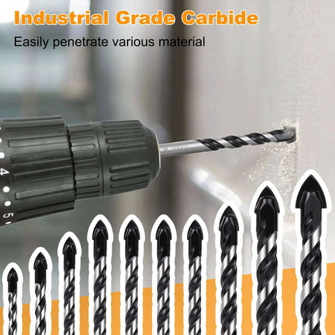 Close-up of Carbide Masonry Drill Bit Set 1/8 to 1/2 Inch For Concrete Tile Brick Cement - 10 Pack in use on wall
