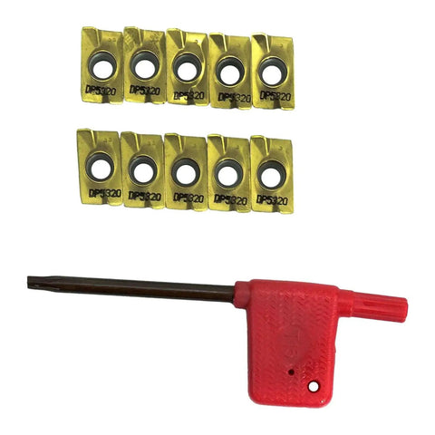 Ten APMT1604 carbide inserts and T15 wrench from R8 Shank Face Mill Arbor Kit Seven Sixteen Inch Straight Shank 400R Cutter