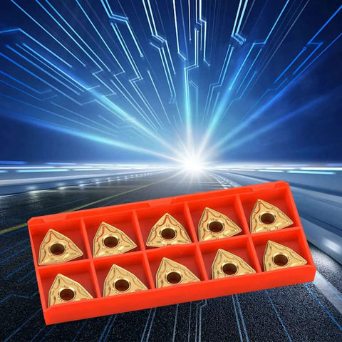 10 Pack WNMG432 Carbide Inserts for CNC Lathe Turning Tools Replacement in Tool Holders displayed in red tray on abstract background