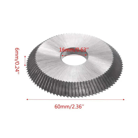 Front view of precision key cutting blade for universal horizontal key machines, 60mm outer, 16mm inner, 6mm thick.