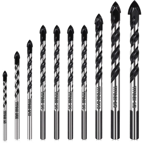 Carbide Masonry Drill Bit Set 1/8 to 1/2 Inch For Concrete Tile Brick Cement - 10 Pack arranged in ascending order
