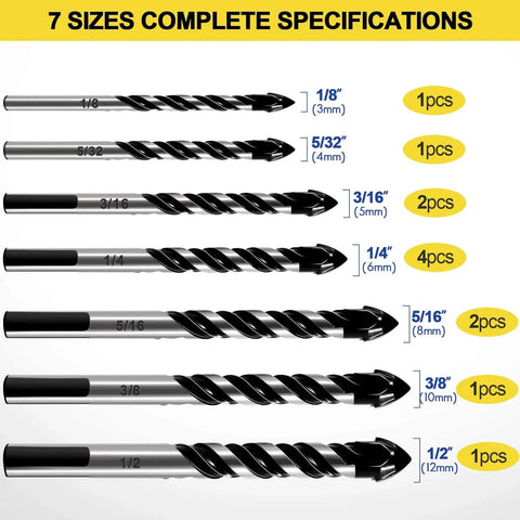 Carbide Masonry Drill Bit Set 12 Pieces From One Eighth To One Half Inch For Concrete Brick Tile Glass Wood Plastic