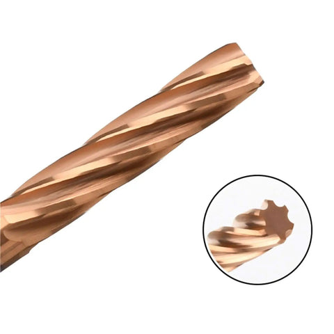 Angle view of Carbide Reamer 1 To 20mm Spiral Straight Flute H7 Chucking Hardened Steel Cutter for CNC Milling, bronze color flutes.