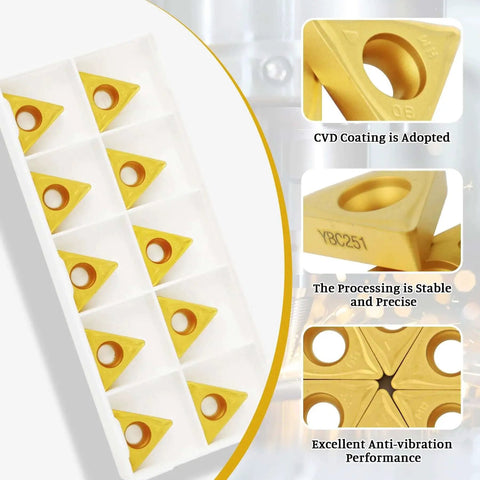 Premium Carbide Turning Inserts for Steel and Stainless by Zorqon, 10 Pack TCMT32.52 and TCMT16T308, shown in packaging