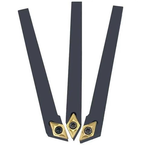 Carbide Turning Inserts Set DCMT21.51 070204 55 Degree With One Sixty Fourth Inch Radius And Three Thirty Second Inch Thick Ten Pack For Steel Cast Iron And Nonferrous Machining Includes Three Handy Indexable Tool Holders Plus T8 Wrenches.
