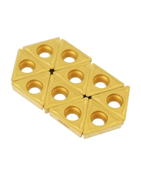 Premium Carbide Turning Inserts for Steel and Stainless by Zorqon, 10 Pack TCMT32.52 TCMT16T308, CVD coated inserts, front view.