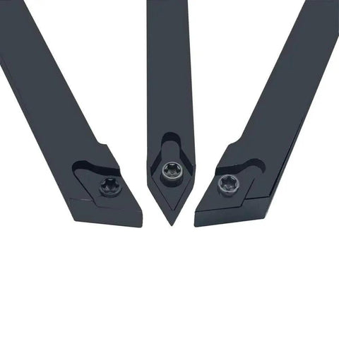 Three indexable tool holders from Carbide Turning Inserts Set DCMT21.51 070204 55 Degree With One Sixty Fourth Inch Radius And Three Thirty Second Inch Thick Ten Pack For Steel Cast Iron And Nonferrous Machining Includes Three Handy Indexable Tool Holders Plus T8 Wrenches.