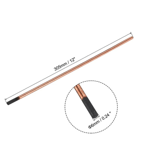 Carbon Arc Gouging Rods Set 10 Pcs 6mm X 305mm Copper Graphite Coated Welding Electrodes displayed with dimensions