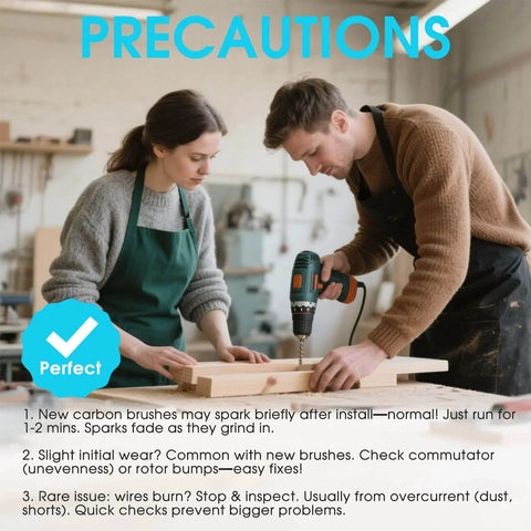Man and woman using a power drill in workshop, focusing on precautions of 60 Pcs Electric Motor Carbon Brushes Set for tools.