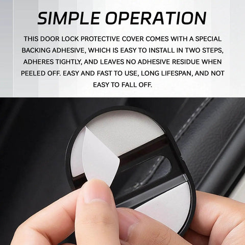 Close-up of Carbon Fiber Look Car Door Latch Cover Kit showing rustproof strike protector with self-adhesive backing.