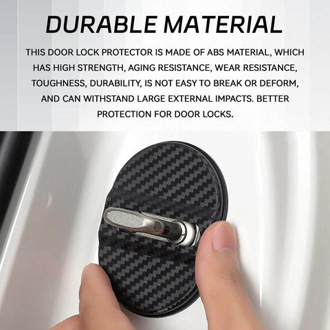 Close-up of Carbon Fiber Look Car Door Latch Cover Kit, Universal Self Adhesive Door Lock Guard Stopper installed on door
