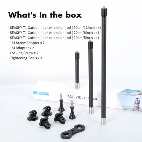 Carbon Fiber Extension Rod Kit With One Quarter Inch Adapter for third-person view cameras, showing rods and accessories.