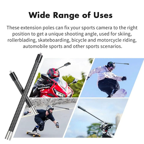Carbon Fiber Extension Rod Kit With One Quarter Inch Adapter for action cameras in sports scenarios like biking and skiing