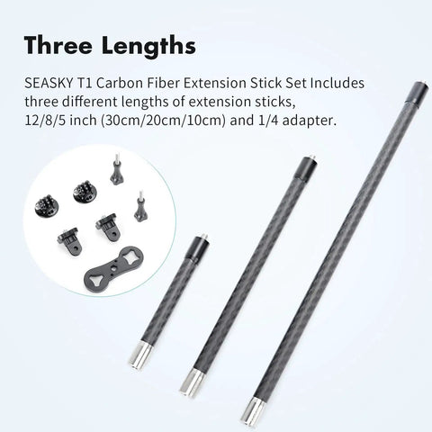 Carbon Fiber Extension Rod Kit With One Quarter Inch Adapter For Third Person View Cameras showing three rod lengths and accessories.