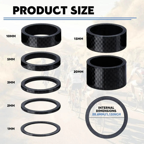 Carbon Fiber Bike Headset Spacers For One And One Eighth Inch Steerer Tube Seven Sizes with internal dimensions labeled