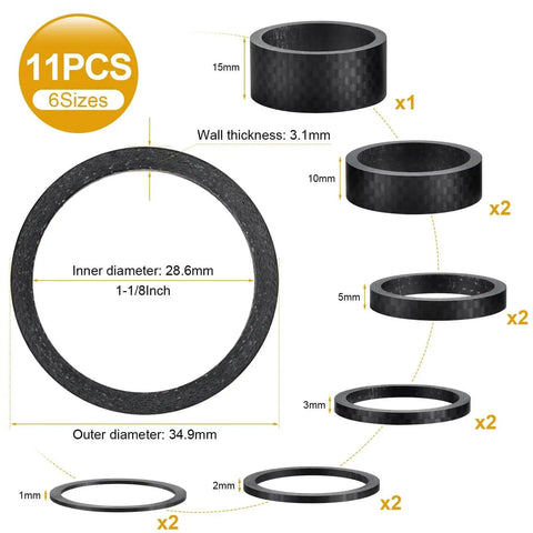 Diagram showcasing Eleven Piece Carbon Fiber Headset Spacers For One And One Eighth Inch Stems Matte Finish Precision Engineered