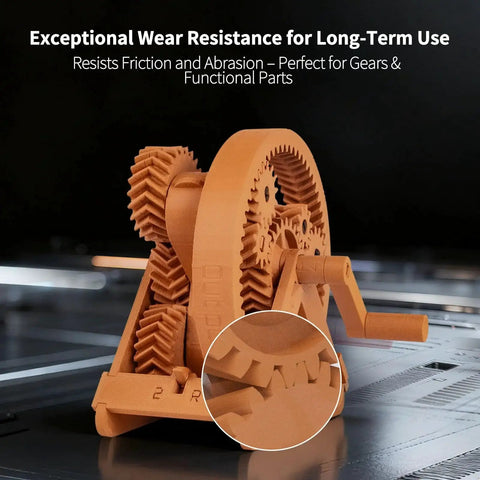 Carbon Fiber PETG Filament 1.75mm Matte Orange 1Kg for 3D printing gears showing high rigidity and dimensional stability.