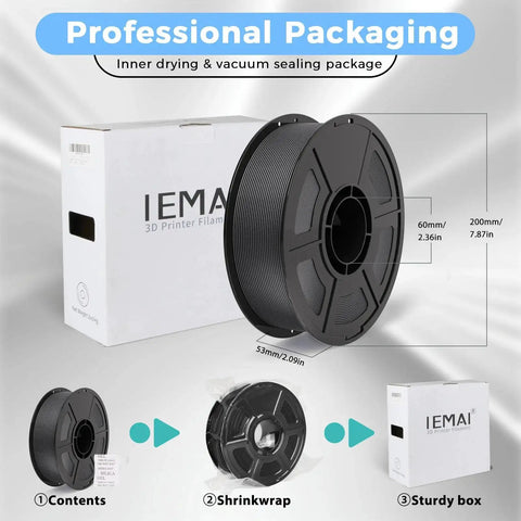 Carbon Fiber PETG Filament for 3D Printing 1.75mm Matte Black 1kg PETG-CF in packaging with dimensions and sturdy box