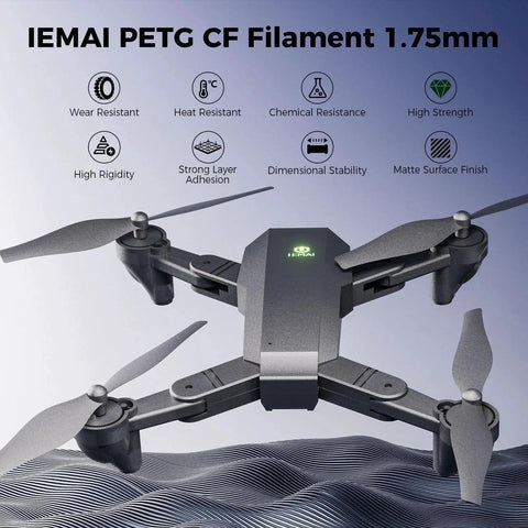 Carbon Fiber PETG Filament for 3D Printing 1.75mm Matte Black 1kg PETG-CF with drone and durability icons