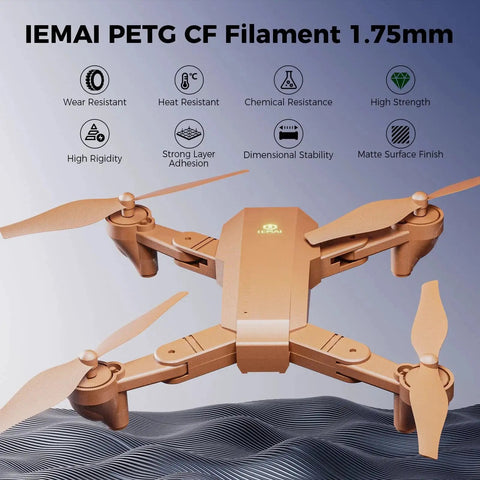 Carbon Fiber PETG Filament 1.75mm Matte Orange 1Kg for 3D Printing shown as a drone model with high rigidity and heat resistance features.