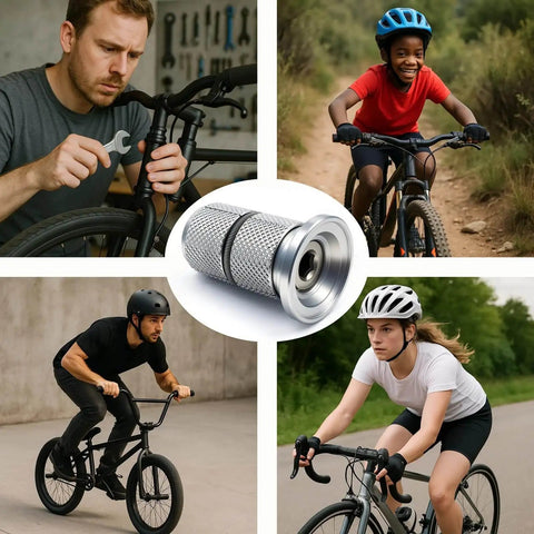 Carbon Fork Headset Expander Plug For Road MTB BMX And Gravel Bikes 28.6mm Universal Fit No Brainer Non Marring Preload Spreader Crown Race Cap Setting Tool Tensso, shown with cyclists and tool close-up