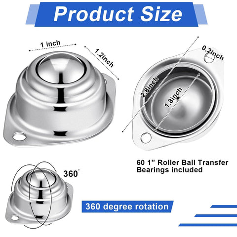 60 Pcs 1 Inch Roller Ball Transfer Bearings Carbon Steel Round Ball Units for Conveyors Furniture Tables