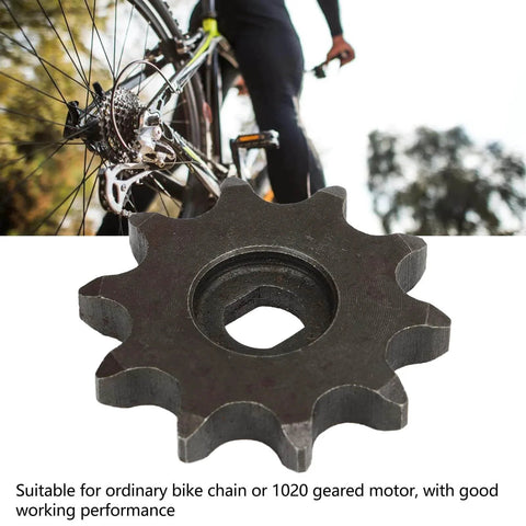 10 Tooth Sprocket Lightweight Carbon Steel Gear for Ordinary Chains, shown with bicycle chain setup.
