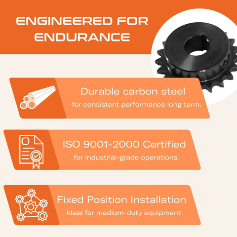 Heavy Duty Workhorse 40 Tooth Roller Chain Sprocket with 1 Inch Bore B Hub, shown in carbon steel, engineered for endurance.
