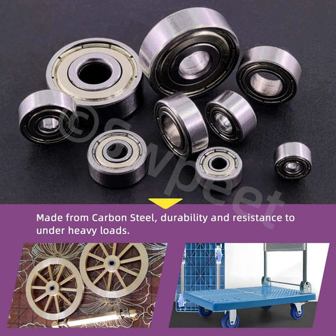 60pcs Ball Bearings Assortment Kit with 693ZZ 623ZZ 624ZZ 685ZZ 687ZZ 627ZZ, carbon steel, deep groove bearings displayed on black surface