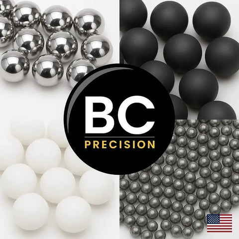 BC Precision logo with various ball bearings; includes Six Pack Large Three Quarter Inch Carbon Steel Ball Bearings Built For Beefy Heavy Duty Industrial Use.