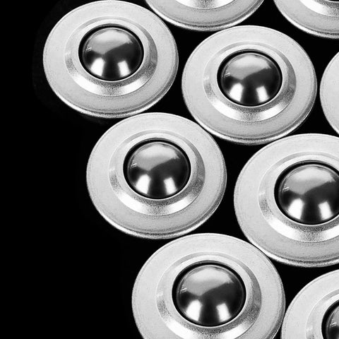 Close-up of 20 Pcs 5/8 Inch Roller Drop In Ball Transfer Bearings Carbon Steel Round Ball Units for conveyors in a grid pattern.