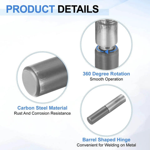 Set Of 10 Weldable Barrel Hinges 2 Inch By 3/8 Inch Carbon Steel Heavy Duty Detachable Weld On Door Hinges For Metal Gates Swing Doors Trailers And Ramps With Rust Resistant Coating, showcasing hinge rotation, carbon steel, and weld design.