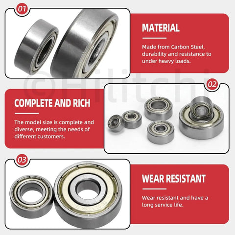 Deep Groove Ball Bearing Assortment Kit, 60 Pieces In 6 Sizes, With Double Shield; Material and durability info; carbon steel bearings.