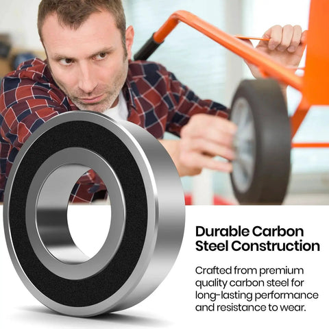 Four Pack Carbon Steel Bearings With Five Eighths Inch Bore Replacement For Lawn Mowers Wheelbarrows Carts And Hand Trucks Inner Diameter Five Eighths Inch Outer Diameter One And Three Eighths Inch with a man holding a wheel in the background.