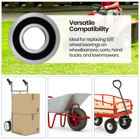Four Pack Carbon Steel Bearings With Five Eighths Inch Bore Replacement shown with lawn mower, wheelbarrow, cart, and hand truck