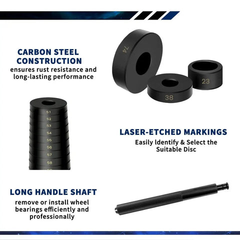 52 In 1 Bushing Driver Set And Bearing Press Tool Kit With Puller, Seal And Race Driver For Transmission Wheel Axle Bearings, showcasing carbon steel discs with laser-etched markings.